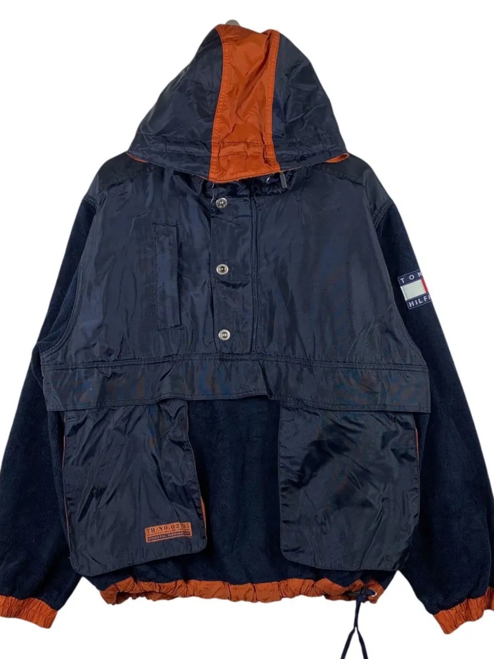 Vintage Tommy Hilfiger Navy & Rust Two-Tone Fleece Pullover Hooded Jacket